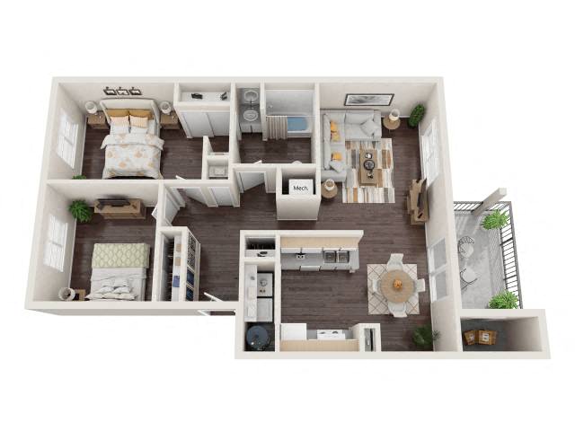 Floor plan for 2 beds, 1 bath, 905 sqft